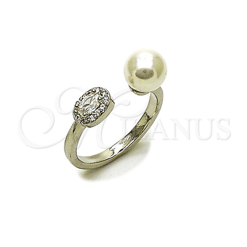 Anillo Multi Piedra 01.424.0012.1 Rodio Laminado, Diseño de Bola y Cluster, con Perla Marfil y Zirconia Cubica Blanca, Pulido, Rodinado (Talla Unica)