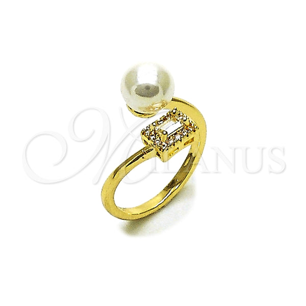 Anillo Multi Piedra 01.424.0013 Oro Laminado, Diseño de Bola y Cluster, con Perla Marfil y Zirconia Cubica Blanca, Pulido, Tono Dorado (Talla Unica)