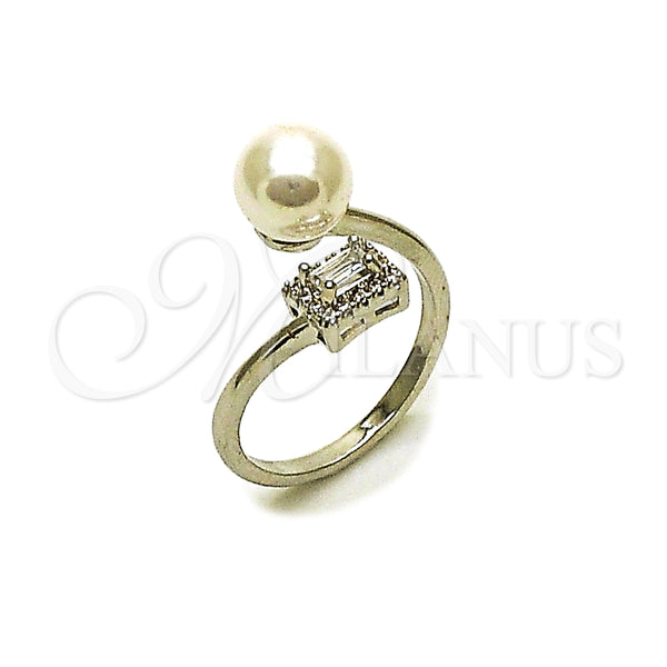 Anillo Multi Piedra 01.424.0013.1 Rodio Laminado, Diseño de Bola y Cluster, con Perla Marfil y Zirconia Cubica Blanca, Pulido, Rodinado (Talla Unica)