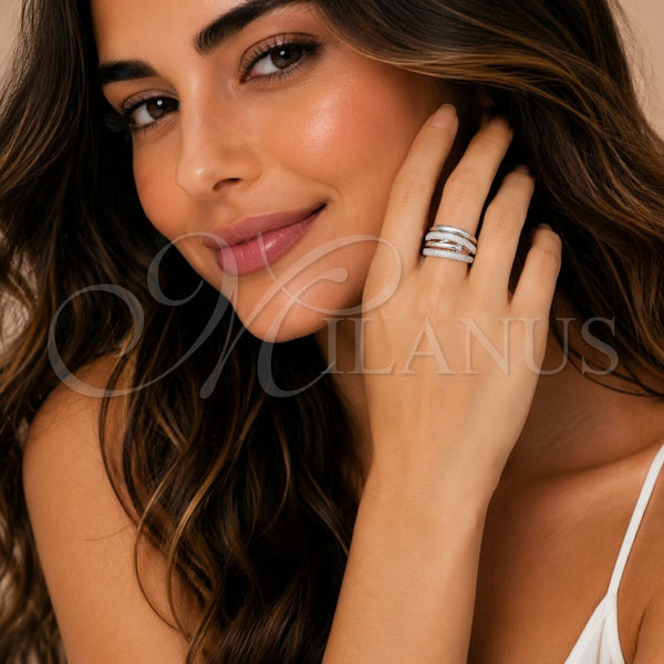 Anillo Multi Piedra 01.424.0015.1 Rodio Laminado, Diseño de Clavo, con Micro Pave Blanca, Pulido, Rodinado (Talla Unica)