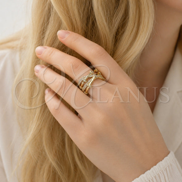 Anillo Multi Piedra 01.424.0018 Oro Laminado, Diseño de Bambu, con Micro Pave Blanca, Pulido, Tono Dorado (Talla Unica)