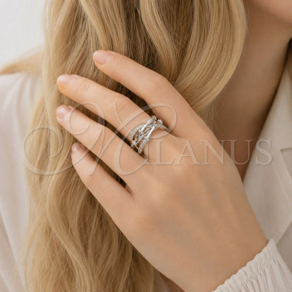 Anillo Multi Piedra 01.424.0018.1 Rodio Laminado, Diseño de Bambu, con Micro Pave Blanca, Pulido, Rodinado (Talla Unica)