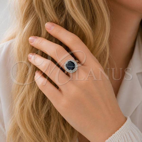 Anillo Multi Piedra 01.424.0001.7 Rodio Laminado, Diseño de Cluster, con Zirconia Cubica Zafiro Azul y Micro Pave Blanca, Pulido, Rodinado (Talla Unica)