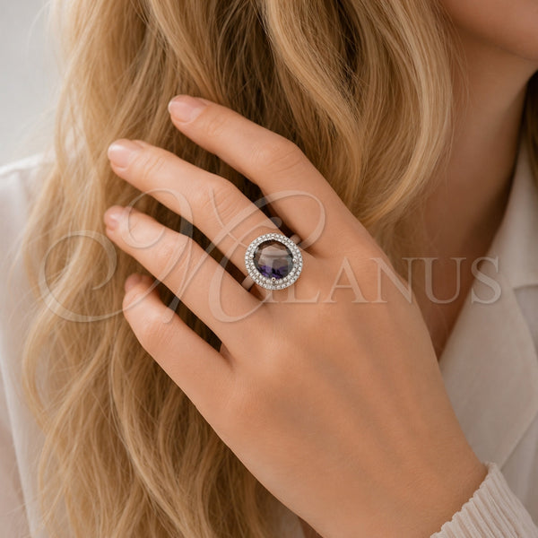 Anillo Multi Piedra 01.424.0001.8 Rodio Laminado, Diseño de Cluster, con Zirconia Cubica Amatista y Micro Pave Blanca, Pulido, Rodinado (Talla Unica)