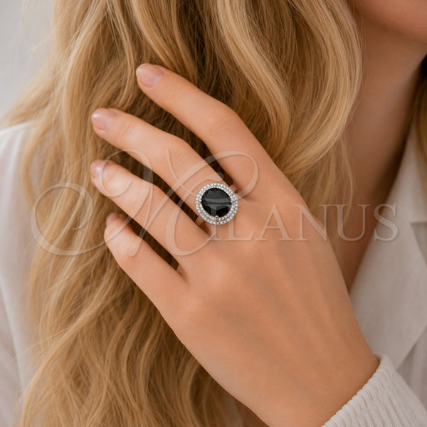 Anillo Multi Piedra 01.424.0001.9 Rodio Laminado, Diseño de Cluster, con Zirconia Cubica Negro y Micro Pave Blanca, Pulido, Rodinado (Talla Unica)