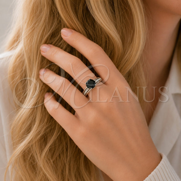 Anillo Multi Piedra 01.424.0019.4 Rodio Laminado, Diseño de Cluster, con Zirconia Cubica Negro y Blanca, Pulido, Rodinado (Talla Unica)