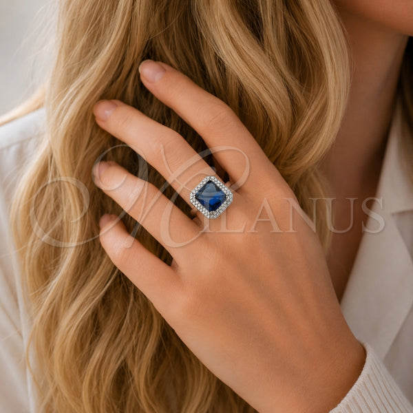 Anillo Multi Piedra 01.424.0020.2 Rodio Laminado, Diseño de Cluster, con Zirconia Cubica Zafiro Azul y Blanca, Pulido, Rodinado (Talla Unica)