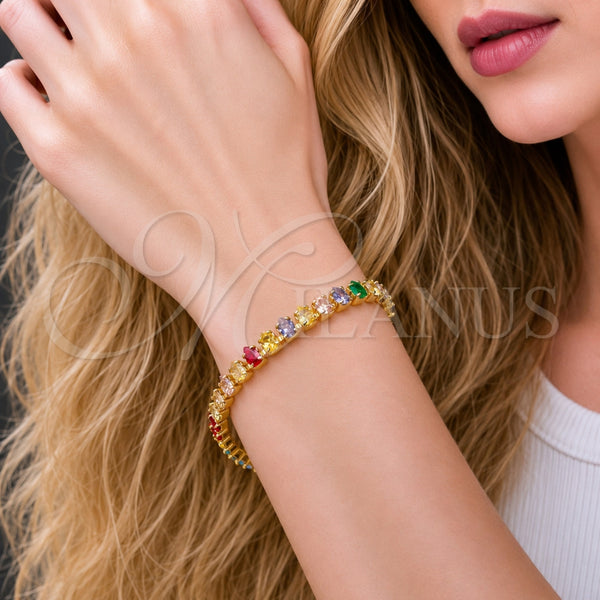 Pulsera Tennis 03.424.0008.4.07 Oro Laminado, Diseño de Gota, con Zirconia Cubica Multicolor, Pulido, Tono Dorado (Grosor 05 MM, 8 Pulgadas de Largo)