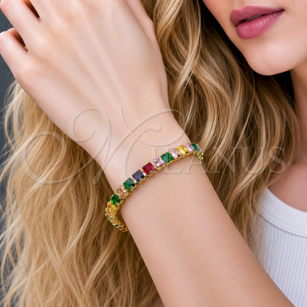 Pulsera Tennis 03.130.0004.1.07 Oro Laminado, Diseño de Baguette, con Zirconia Cubica Multicolor, Pulido, Tono Dorado (Grosor 04.8 MM, 7 Pulgadas de Largo)
