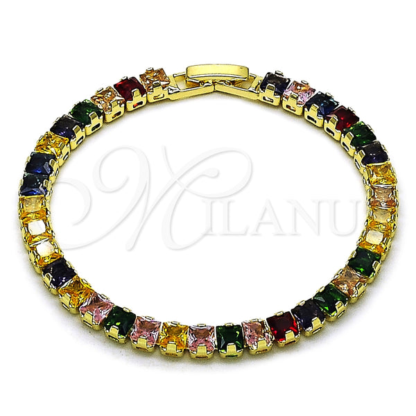 Pulsera Tennis 03.130.0004.1.07 Oro Laminado, Diseño de Baguette, con Zirconia Cubica Multicolor, Pulido, Tono Dorado (Grosor 04.8 MM, 7 Pulgadas de Largo)
