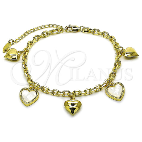 Pulsera Elegante 03.383.0036.08 Oro Laminado, Diseño de Corazón y Rolo, con Madre Perla Marfil, Pulido, Tono Dorado (Grosor 04.3 MM, 8 Pulgadas de Largo)