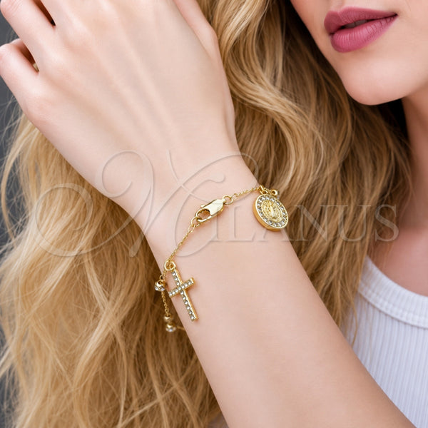 Rosario de Pulsera 09.253.0086.08 Oro Laminado, Diseño de San Benito y Cruz, con Cristal Blanca y Zirconia Cubica Blanca, Pulido, Tono Dorado