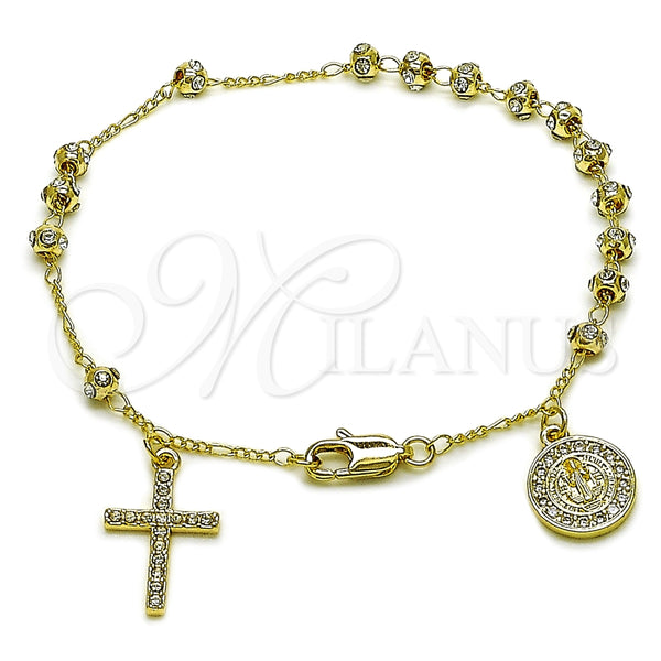 Rosario de Pulsera 09.253.0086.08 Oro Laminado, Diseño de San Benito y Cruz, con Cristal Blanca y Zirconia Cubica Blanca, Pulido, Tono Dorado