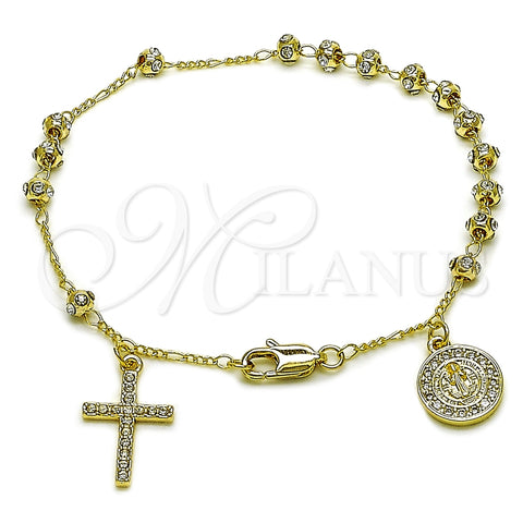 Rosario de Pulsera 09.253.0086.08 Oro Laminado, Diseño de San Benito y Cruz, con Cristal Blanca y Zirconia Cubica Blanca, Pulido, Tono Dorado
