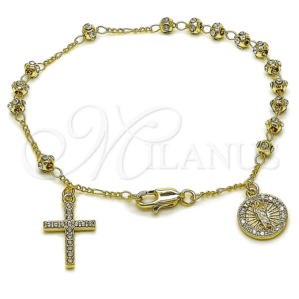 Rosario de Pulsera 09.253.0087.08 Oro Laminado, Diseño de San Judas y Cruz, con Zirconia Cubica Blanca y Cristal Blanca, Diamantado, Tono Dorado