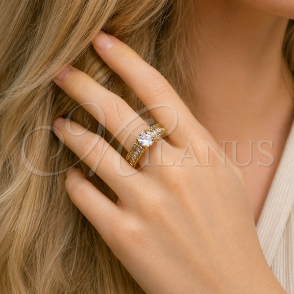 Anillo Multi Piedra 01.317.0002 Oro Laminado, Diseño de Baguette y Cluster, con Zirconia Cubica Blanca y Micro Pave Blanca, Pulido, Tono Dorado (Talla Unica)