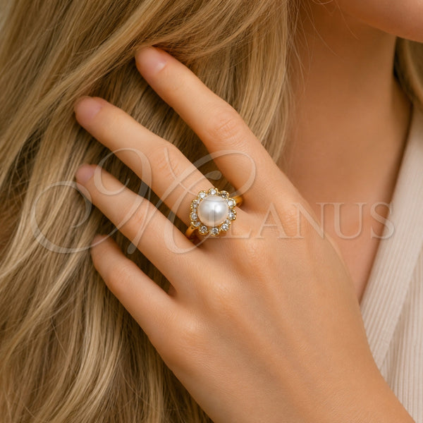 Anillo Multi Piedra 01.317.0004 Oro Laminado, Diseño de Flor y Cluster, con Zirconia Cubica Blanca y Perla Marfil, Pulido, Tono Dorado (Talla Unica)