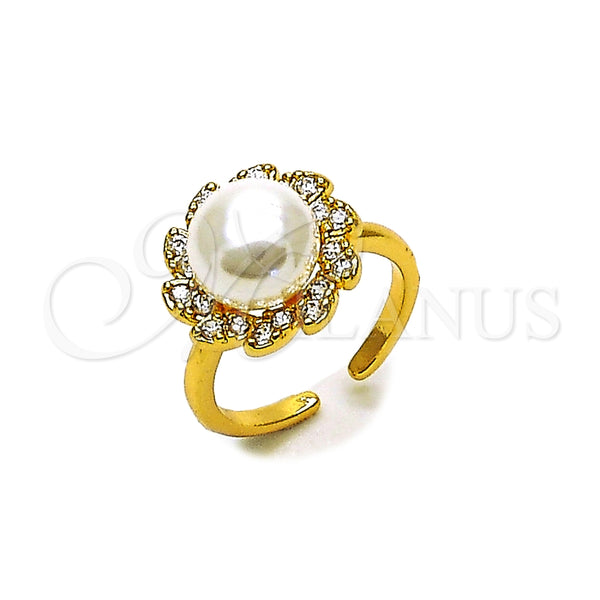 Anillo Multi Piedra 01.317.0004 Oro Laminado, Diseño de Flor y Cluster, con Zirconia Cubica Blanca y Perla Marfil, Pulido, Tono Dorado (Talla Unica)