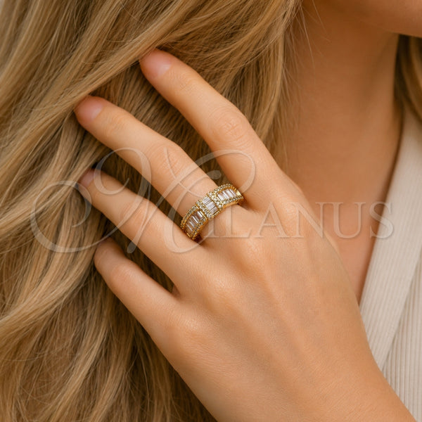 Anillo Multi Piedra 01.317.0005 Oro Laminado, Diseño de Baguette y Cluster, con Zirconia Cubica Blanca y Micro Pave Blanca, Pulido, Tono Dorado (Talla Unica)