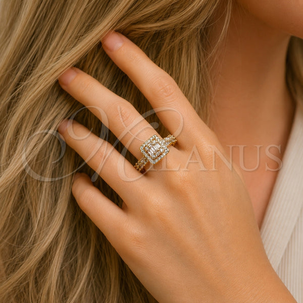 Anillo Multi Piedra 01.317.0008 Oro Laminado, Diseño de Baguette y Cluster, con Zirconia Cubica Blanca y Micro Pave Blanca, Pulido, Tono Dorado (Talla Unica)