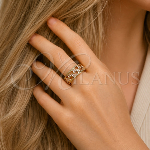 Anillo Multi Piedra 01.317.0010 Oro Laminado, Diseño de Baguette y Cluster, con Zirconia Cubica Blanca y Micro Pave Blanca, Pulido, Tono Dorado (Talla Unica)