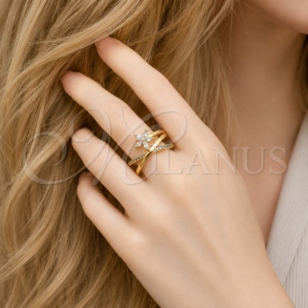 Anillo Multi Piedra 01.317.0012 Oro Laminado, Diseño de Flor, con Zirconia Cubica Blanca y Micro Pave Blanca, Pulido, Tono Dorado (Talla Unica)