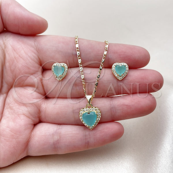 Juego de Arete y Dije de Adulto 10.317.0001 Oro Laminado, Diseño de Corazón y Cluster, con Zirconia Cubica Light Turquoise y Blanca, Pulido, Tono Dorado