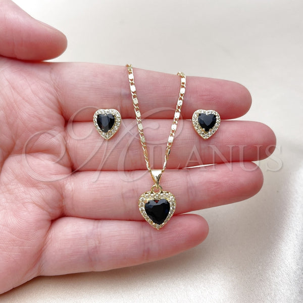 Juego de Arete y Dije de Adulto 10.317.0001.1 Oro Laminado, Diseño de Corazón y Cluster, con Zirconia Cubica Negro y Micro Pave Blanca, Pulido, Tono Dorado