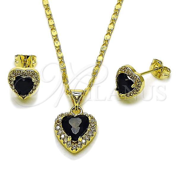 Juego de Arete y Dije de Adulto 10.317.0001.1 Oro Laminado, Diseño de Corazón y Cluster, con Zirconia Cubica Negro y Micro Pave Blanca, Pulido, Tono Dorado