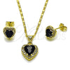 Juego de Arete y Dije de Adulto 10.317.0001.1 Oro Laminado, Diseño de Corazón y Cluster, con Zirconia Cubica Negro y Micro Pave Blanca, Pulido, Tono Dorado