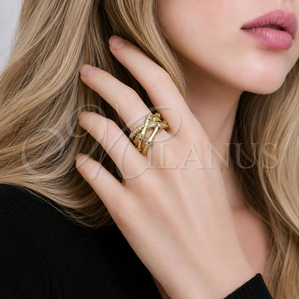 Anillo Multi Piedra 01.266.0095 Oro Laminado, Diseño de Bambu, con Zirconia Cubica Blanca y Micro Pave Blanca, Pulido, Tono Dorado (Talla Unica)