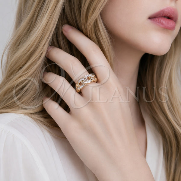 Anillo Multi Piedra 01.266.0101 Oro Laminado, Diseño de Miami Cubana y Baguette, con Zirconia Cubica Blanca, Pulido, Tono Dorado (Talla Unica)