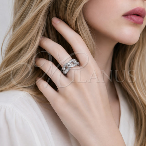Anillo Multi Piedra 01.266.0101.1 Rodio Laminado, Diseño de Miami Cubana y Baguette, con Zirconia Cubica Blanca, Pulido, Rodinado (Talla Unica)