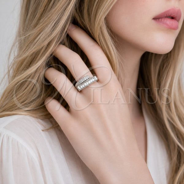 Anillo Multi Piedra 01.283.0041.1 Rodio Laminado, Diseño de Baguette, con Zirconia Cubica Blanca y Micro Pave Blanca, Pulido, Rodinado (Talla Unica)