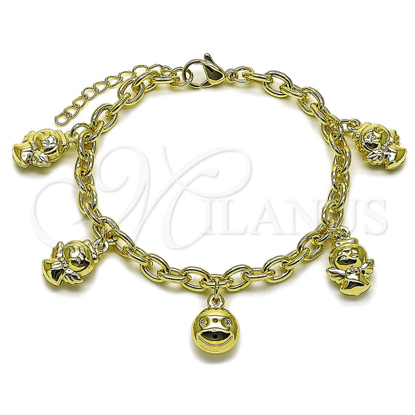 Pulsera de Dije 03.213.0441.07 Oro Laminado, Diseño de Angel y Carita Feliz, Pulido, Tono Dorado (Grosor 05 MM, 7 Pulgadas de Largo)