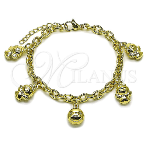 Pulsera de Dije 03.213.0441.07 Oro Laminado, Diseño de Angel y Carita Feliz, Pulido, Tono Dorado (Grosor 05 MM, 7 Pulgadas de Largo)