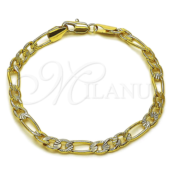 Pulsera Básica 04.213.0376.07 Oro Laminado, Diseño de Figaro, Diamantado, Tono Dorado (Grosor 05.5 MM, 8 Pulgadas de Largo)