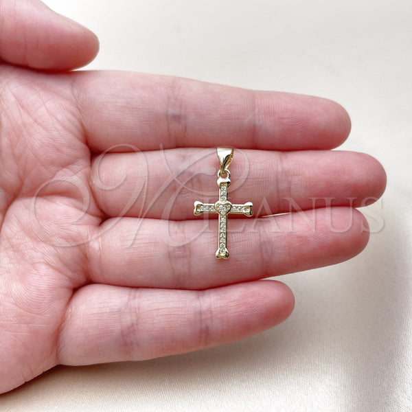 Dije Religioso 05.213.0208 Oro Laminado, Diseño de Cruz y Corazón, con Micro Pave Blanca, Pulido, Tono Dorado