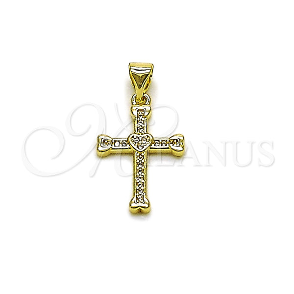 Dije Religioso 05.213.0208 Oro Laminado, Diseño de Cruz y Corazón, con Micro Pave Blanca, Pulido, Tono Dorado