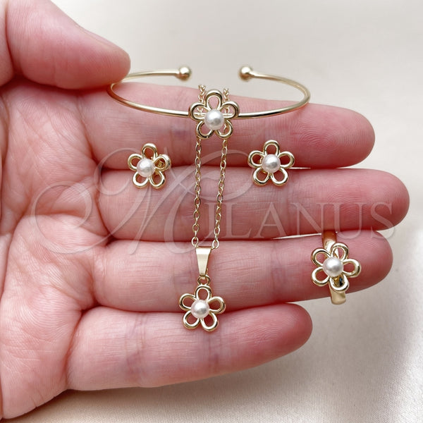 Juego de Arete y Dije de Nino 10.466.0004 Oro Laminado, Diseño de Flor, con Perla Marfil, Pulido, Tono Dorado