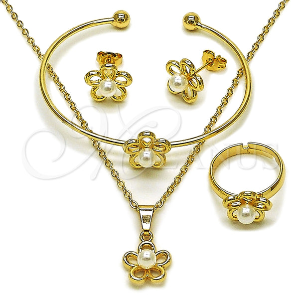 Juego de Arete y Dije de Nino 10.466.0004 Oro Laminado, Diseño de Flor, con Perla Marfil, Pulido, Tono Dorado