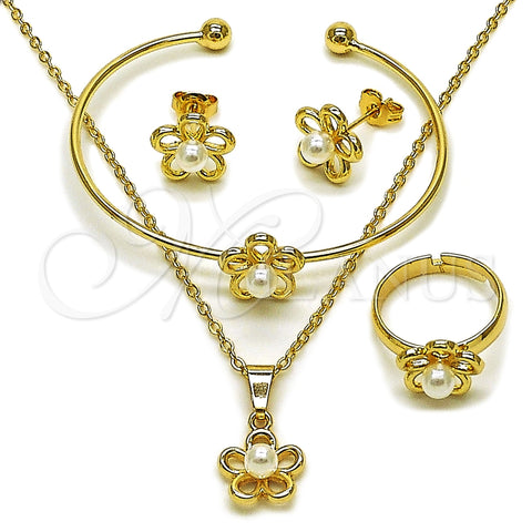 Juego de Arete y Dije de Nino 10.466.0004 Oro Laminado, Diseño de Flor, con Perla Marfil, Pulido, Tono Dorado