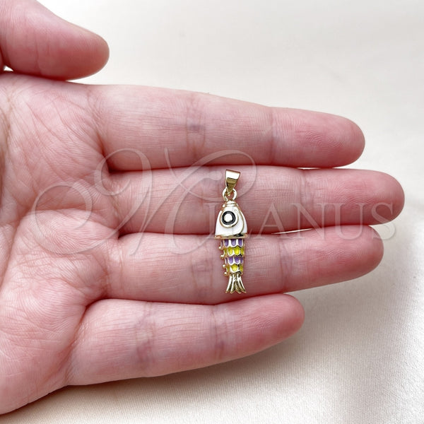 Dije Elegante 05.459.0023.1 Oro Laminado, Diseño de Pescado, Esmaltado Blanco, Tono Dorado