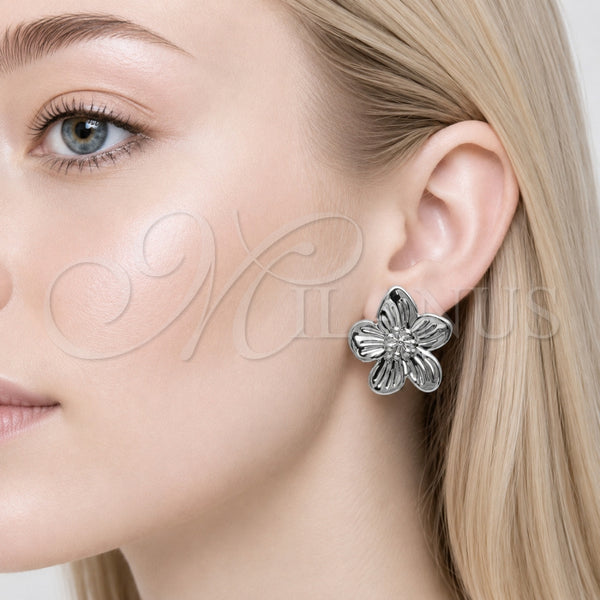 Arete Dormilona 02.467.0001.1 Rodio Laminado, Diseño de Flor, Pulido, Rodinado