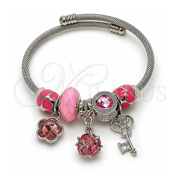 Aro Individual 07.464.0031 Acero Inoxidable, Diseño de Llave y Flor, con Zirconia Cubica Blanca y Cristal Light Rose, Esmaltado Rosado, Rodinado (Grosor 03 MM, Talla Unica)