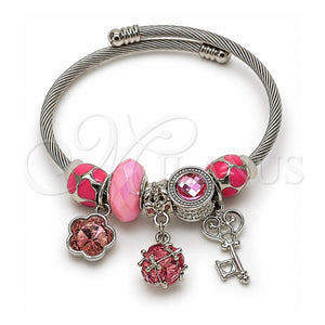 Aro Individual 07.464.0031 Acero Inoxidable, Diseño de Llave y Flor, con Zirconia Cubica Blanca y Cristal Light Rose, Esmaltado Rosado, Rodinado (Grosor 03 MM, Talla Unica)