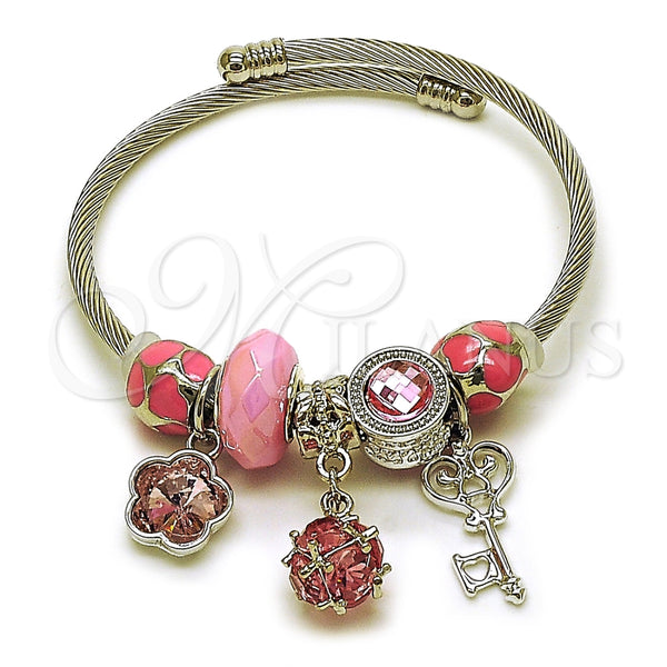 Aro Individual 07.464.0031 Acero Inoxidable, Diseño de Llave y Flor, con Zirconia Cubica Blanca y Cristal Light Rose, Esmaltado Rosado, Rodinado (Grosor 03 MM, Talla Unica)