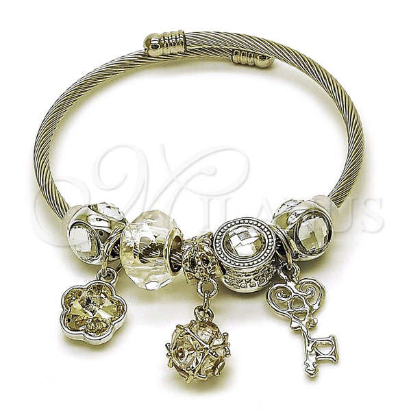 Aro Individual 07.464.0032 Acero Inoxidable, Diseño de Llave y Flor, con Zirconia Cubica Blanca y Cristal Crystal, Pulido Rosado, Rodinado (Grosor 03 MM, Talla Unica)