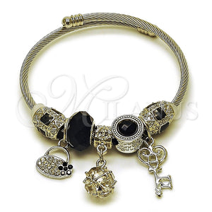 Aro Individual 07.464.0033 Acero Inoxidable, Diseño de Llave y Maleta, con Zirconia Cubica Blanca y Cristal Jet, Esmaltado Negro, Rodinado (Grosor 03 MM, Talla Unica)