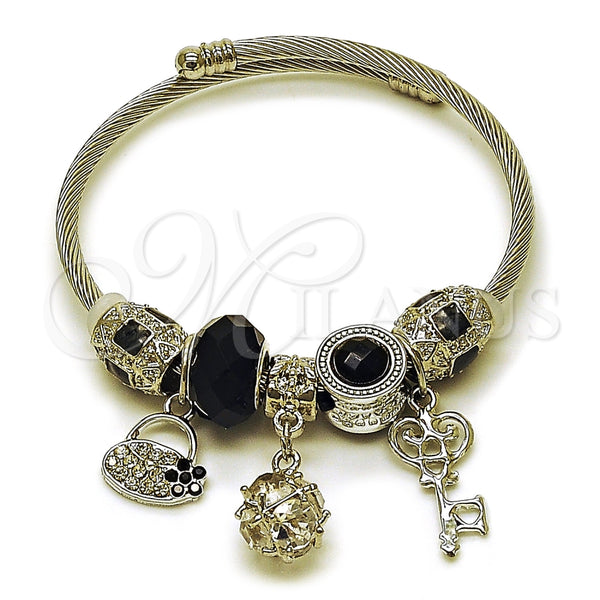 Aro Individual 07.464.0033 Acero Inoxidable, Diseño de Llave y Maleta, con Zirconia Cubica Blanca y Cristal Jet, Esmaltado Negro, Rodinado (Grosor 03 MM, Talla Unica)